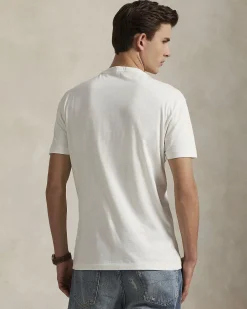 T-shirt Polo Ralph Lauren bianca mezza manica in puro cotone con maxi stampa Polo Bear frontale
