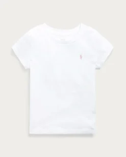 T-shirt Polo Ralph Lauren bianca mezza manica con logo pony rosa ricamato