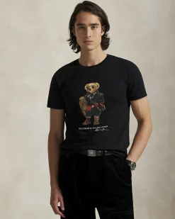 T-shirt Polo Ralph Lauren nera mezza manica in puro cotone con maxi stampa Polo Bear frontale