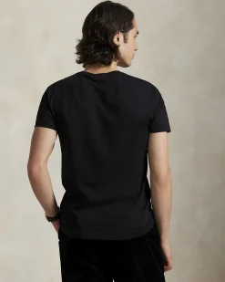 T-shirt Polo Ralph Lauren nera mezza manica in puro cotone con maxi stampa Polo Bear frontale