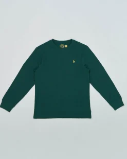 T-shirt Ralph Lauren a manica lunga verde bottiglia in puro cotone con logo pony giallo