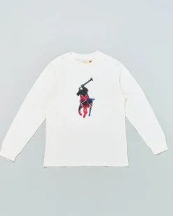 T-shirt Ralph Lauren bianca manica lunga in puro cotone con maxi logo pony in tartan