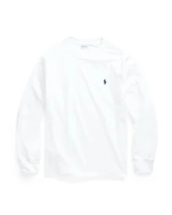 T-shirt Ralph Lauren bianca manica lunga in cotone con logo pony blu