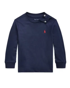 T-shirt Ralph Lauren blu manica lunga in cotone con logo pony rosso