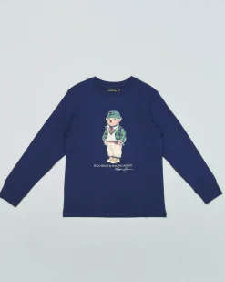 T-shirt Ralph Lauren blu manica lunga in puro cotone con maxi stampa Polo Bear frontale S-XL