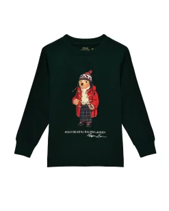 T-shirt Ralph Lauren verde in cotone con maxi stampa orsetto e maniche lunghe