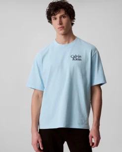 T-shirt relaxed-fit Calvin Klein Jeans azzurra in cotone con logo scritta in rilievo