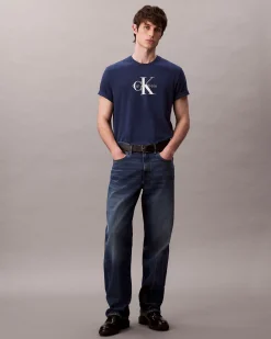 T-shirt relaxed-fit Calvin Klein Jeans blu in cotone con logo monogramma ricamato frontale