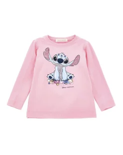 T-Shirt rosa Monnalisa a maniche lunghe con stampa Stitch e strass fronte e retro