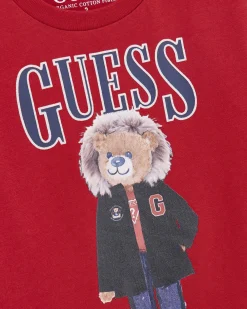 T-shirt rossa Guess a maniche lunghe con stampa orsetto e maxi scritta logo