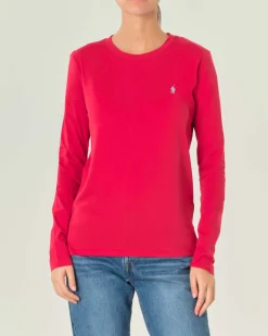 T-shirt rossa in cotone a maniche lunghe con scollo tondo e logo ricamato su petto