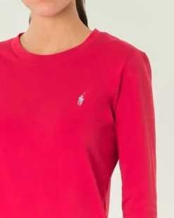 T-shirt rossa in cotone a maniche lunghe con scollo tondo e logo ricamato su petto