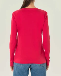 T-shirt rossa in cotone a maniche lunghe con scollo tondo e logo ricamato su petto