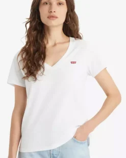 T-shirt scollo a V bianca in puro cotone con micro-logo batwig rosso ricamato sul petto