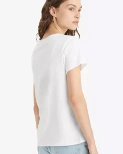 T-shirt scollo a V bianca in puro cotone con micro-logo batwig rosso ricamato sul petto