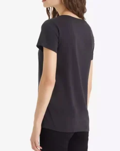 T-shirt scollo a V nera in puro cotone con micro-logo batwig rosso ricamato sul petto