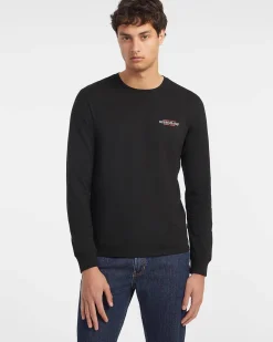 T-shirt slim manica lunga Guess Jeans nera in puro cotone con logo scritta