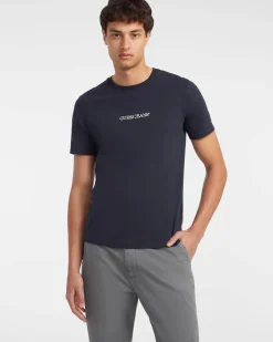 T-shirt slim mezza manica Guess jeans blu in puro cotone con logo scritta