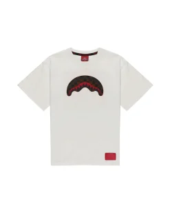 T-shirt Sprayground color panna con bocca checkered marrone e nera