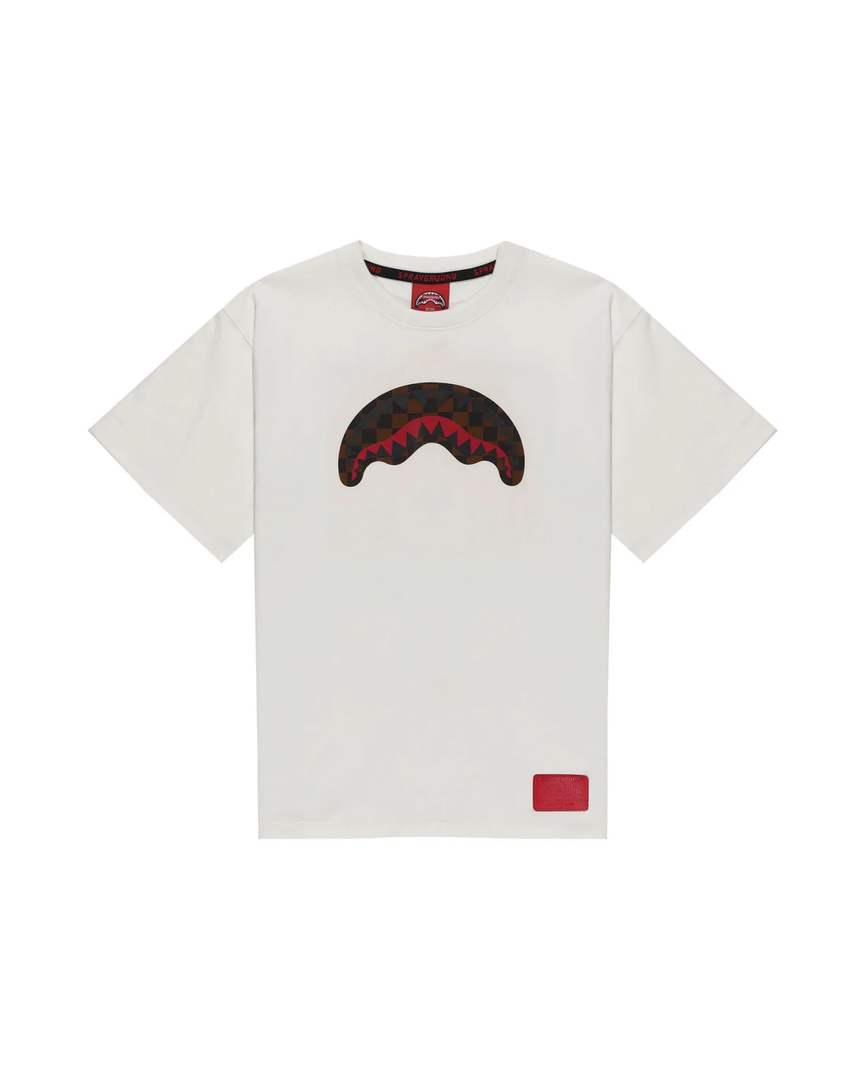 T-shirt Sprayground color panna con bocca checkered marrone e nera