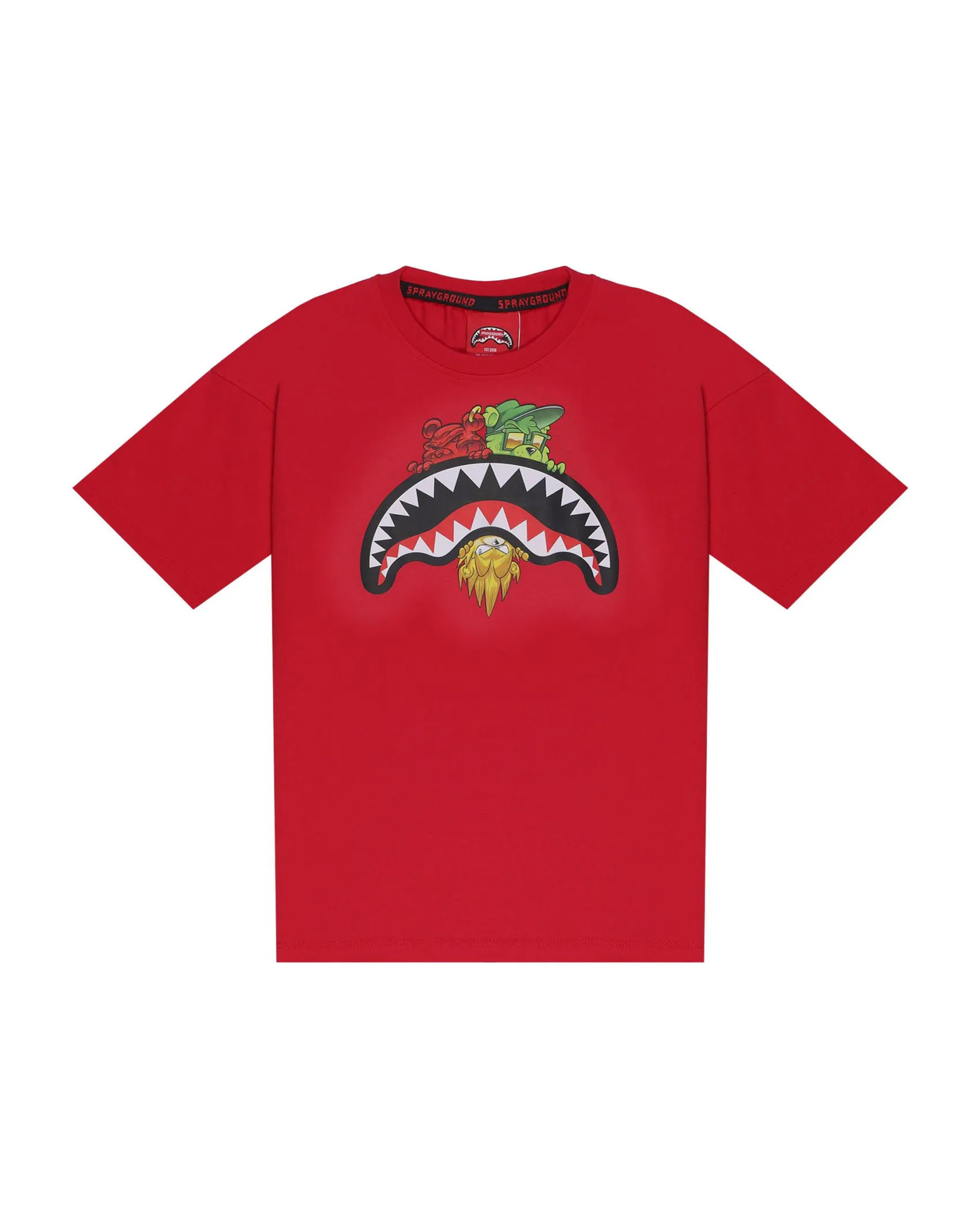 T-shirt Sprayground rossa con bocca e personaggi icon