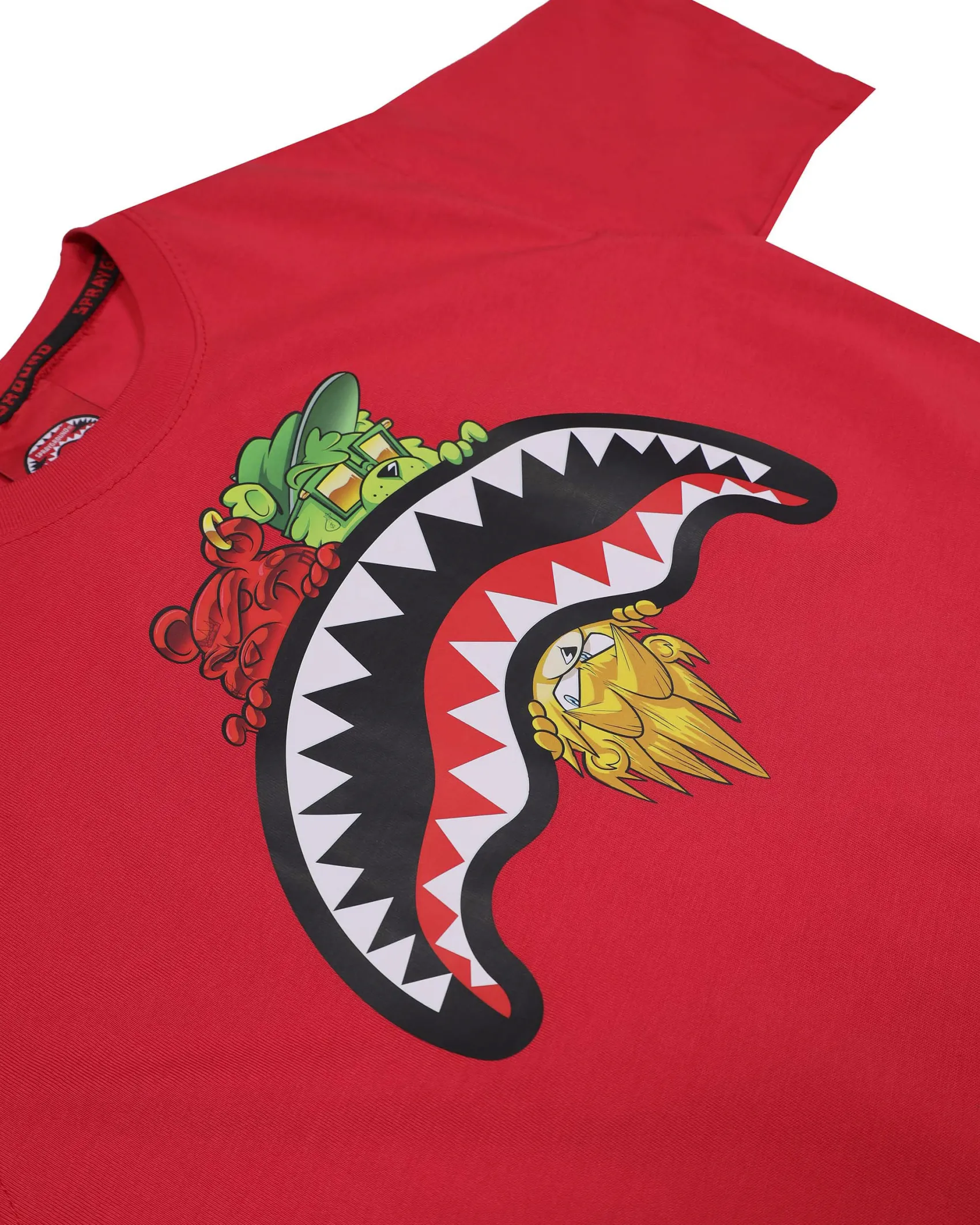 T-shirt Sprayground rossa con bocca e personaggi icon