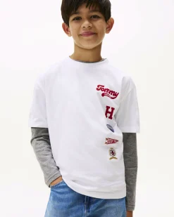 T-shirt Tommy Hilfiger bianca in puro cotone con stampe college