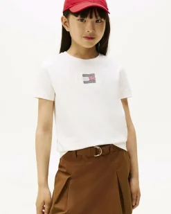 T-shirt Tommy Hilfiger bianca in puro cotone a maniche corte con logo strass