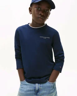 T-shirt Tommy Hilfiger blu in puro cotone a maniche lunghe e scritta logo