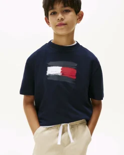 T-shirt Tommy Hilfiger blu in puro cotone con bandiera logo spennellata