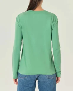T-shirt verde menta in cotone a maniche lunghe con scollo tondo e logo ricamato su petto