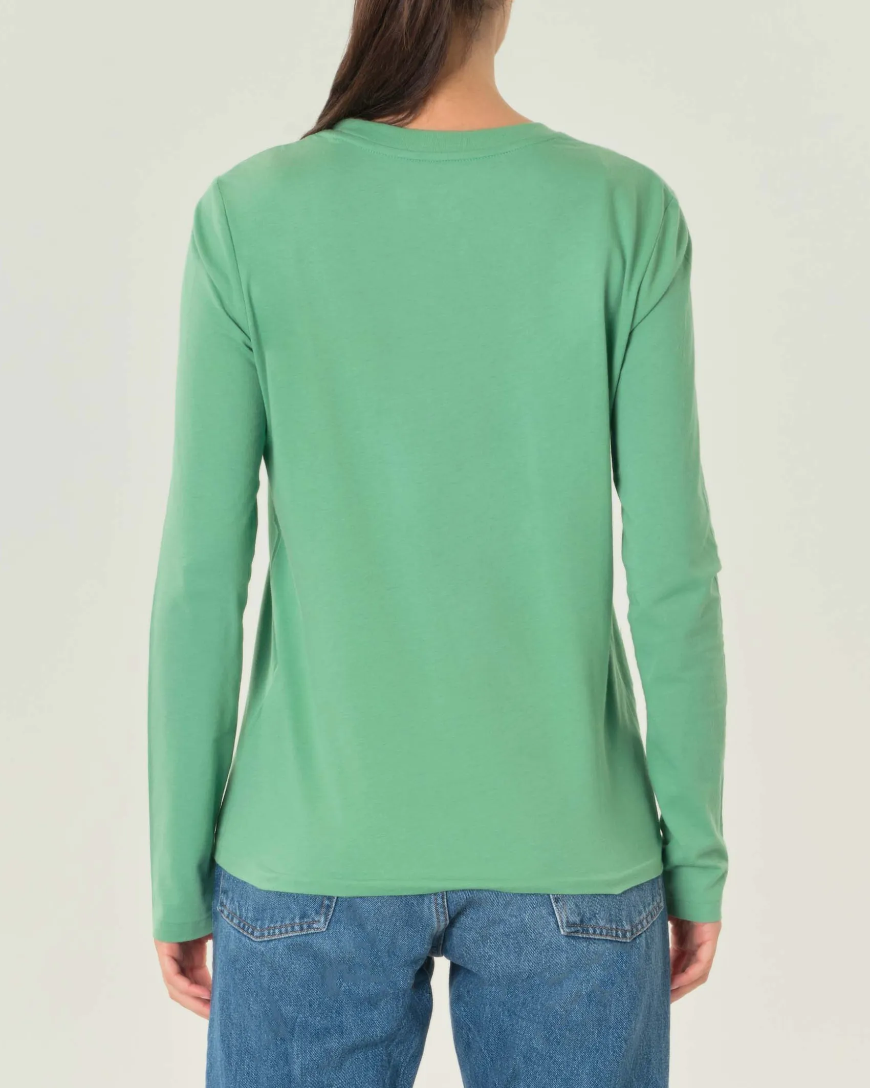 T-shirt verde menta in cotone a maniche lunghe con scollo tondo e logo ricamato su petto