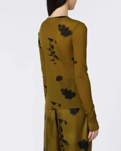 T-shirt verde oliva a maniche lunghe in tulle MM Max Mara a motivo floreale stampato