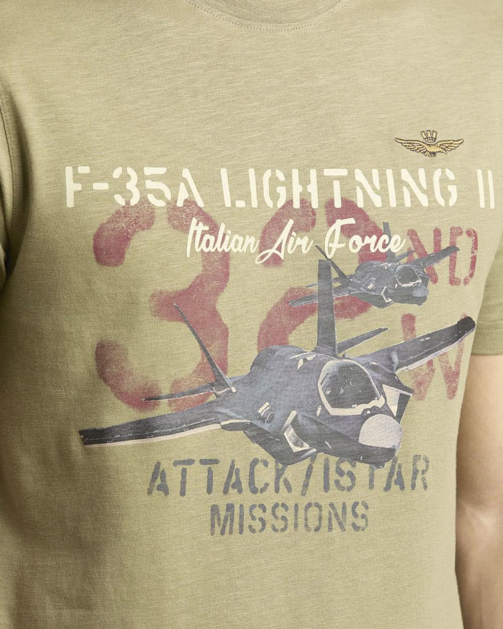 T-shirt verde salvia mezza manica Aeronautica Militare con stampa aereo