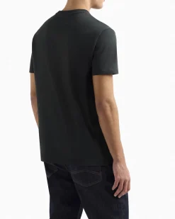 T-shirt verde scuro a mezza manica tinta unita con logo piccolo stampato sul petto