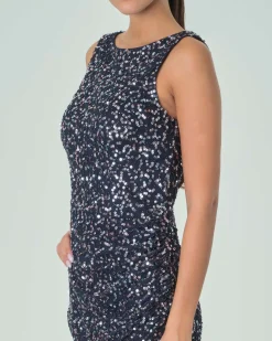 Tubino blu navy senza maniche in organza ricamata in paillettes sono su tono all over