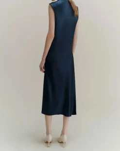 Tubino midi blu Marella in raso con scollo drappeggiato
