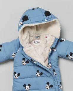 Tuta imbottita MC2 Saint Barth azzurra con cappuccio e stampa Mickey Mouse