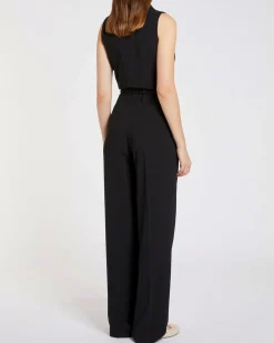Tuta nera Marella 365 in crêpe de Chine senza maniche con scollo a V