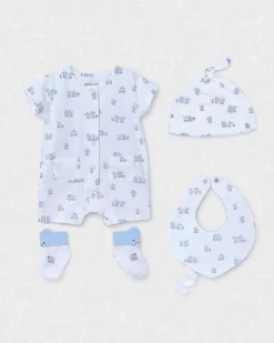 Tutina bianca e azzurra con set 3 pezzi bavaglino calzini e cappellino coordinati