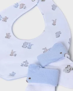Tutina bianca e azzurra con set 3 pezzi bavaglino calzini e cappellino coordinati
