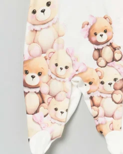 Tutina bianca in cotone a maniche lunghe con stampa orsette