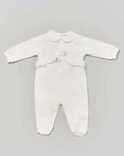 Tutina Lalalù avorio in cotone stretch con colletto stondato e inserto in pizzo sangallo