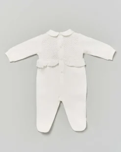 Tutina Lalalù avorio in cotone stretch con colletto stondato e inserto in pizzo sangallo