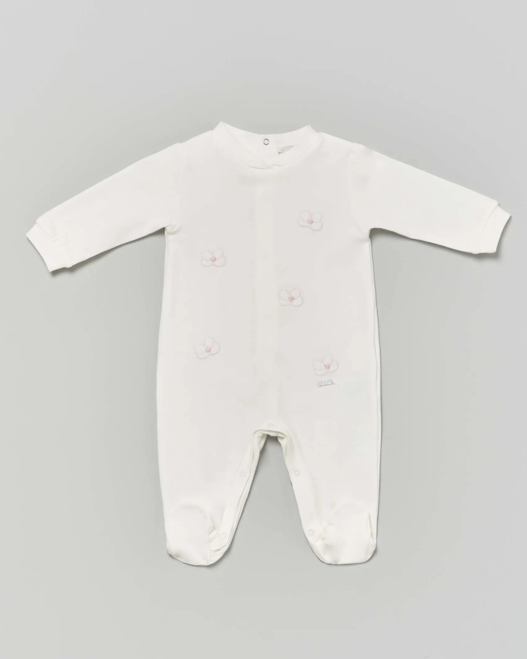 Tutina Lalalù avorio in cotone stretch con fiori rosa ricamati