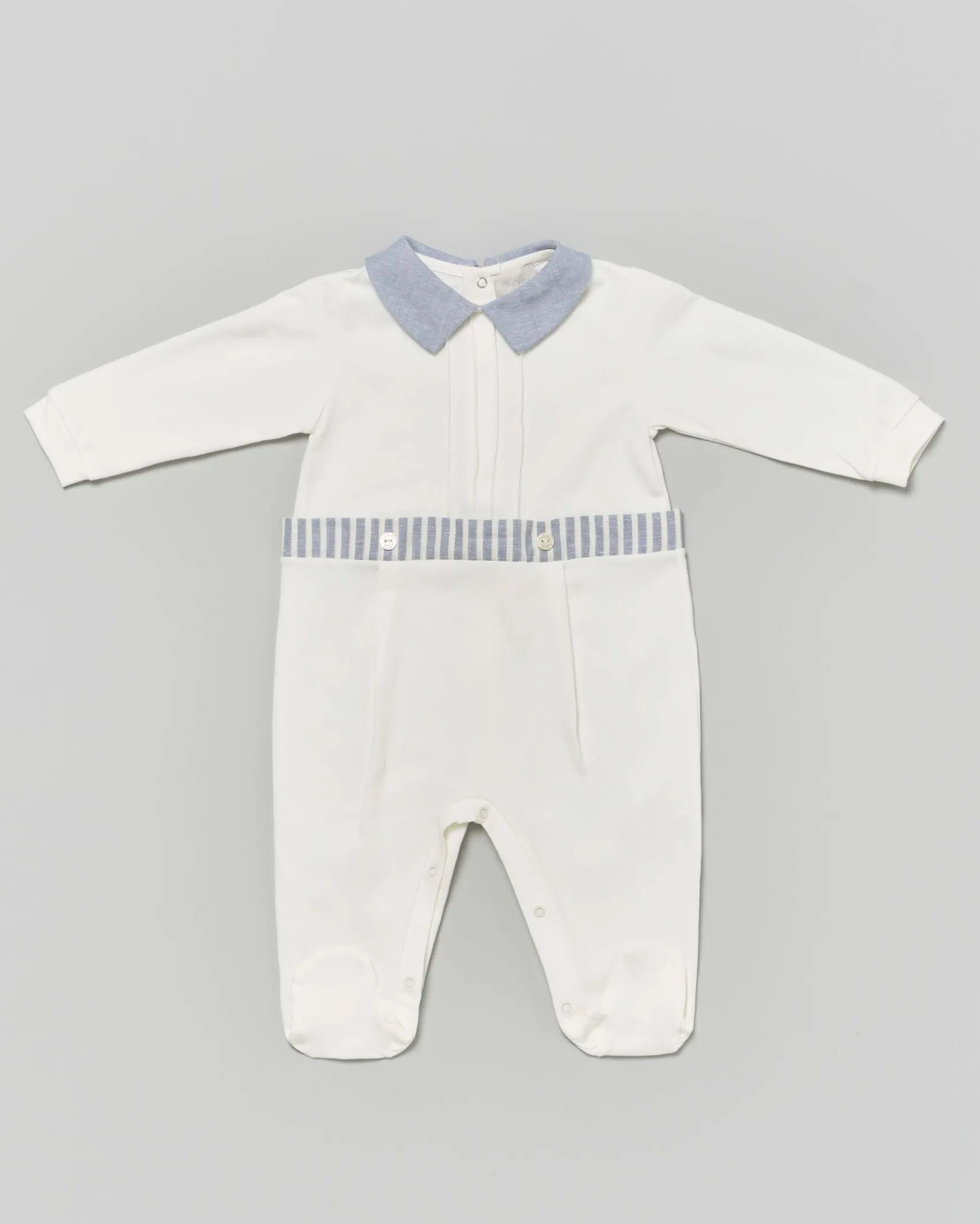 Tutina Lalalù avorio in cotone stretch con colletto e dettagli azzurri