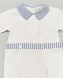 Tutina Lalalù avorio in cotone stretch con colletto e dettagli azzurri