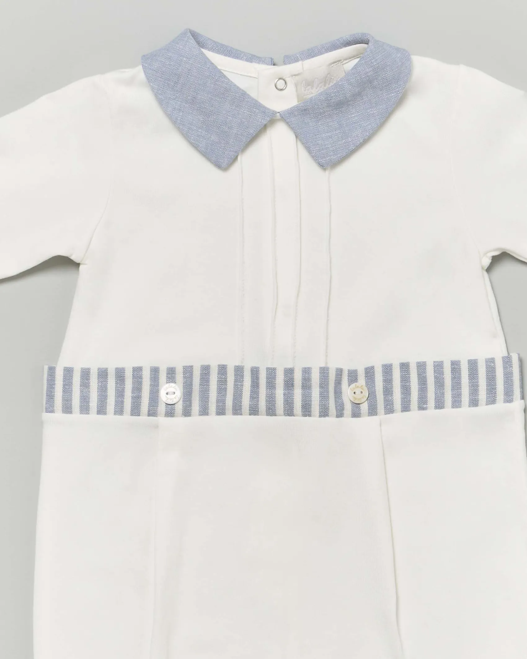 Tutina Lalalù avorio in cotone stretch con colletto e dettagli azzurri