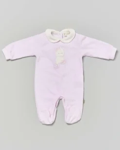 Tutina Lalalù rosa in ciniglia con paperella e motivo smiles