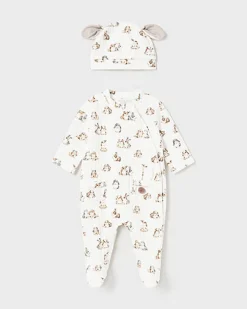 Tutina Mayoral bianca in cotone stretch con stampa coniglietti e berretto con orecchiete